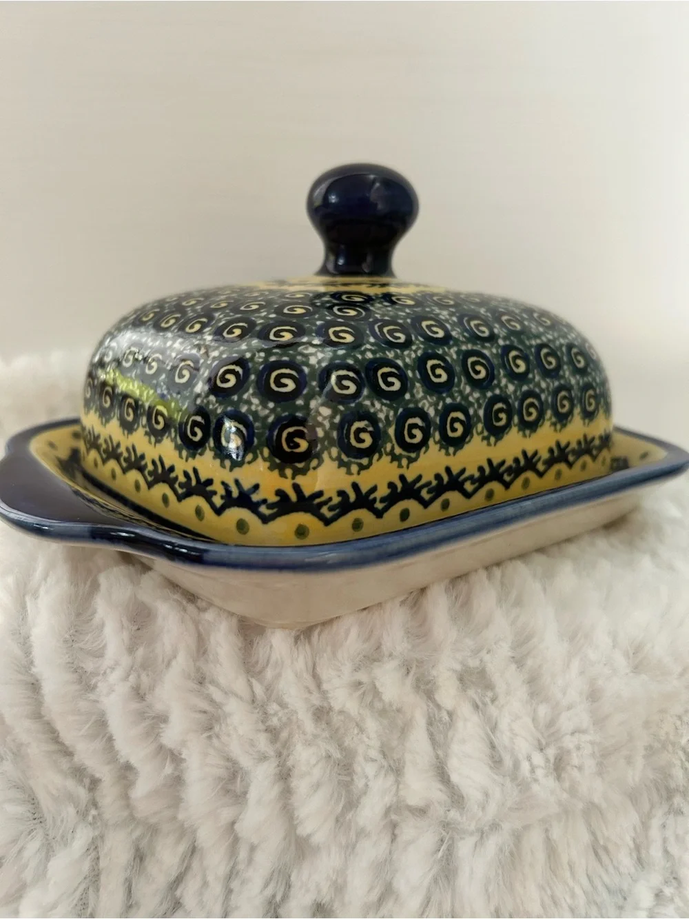 Polish Pottery Butter Dish with Lid Handmade in Poland Blue/Yellow/Cream
